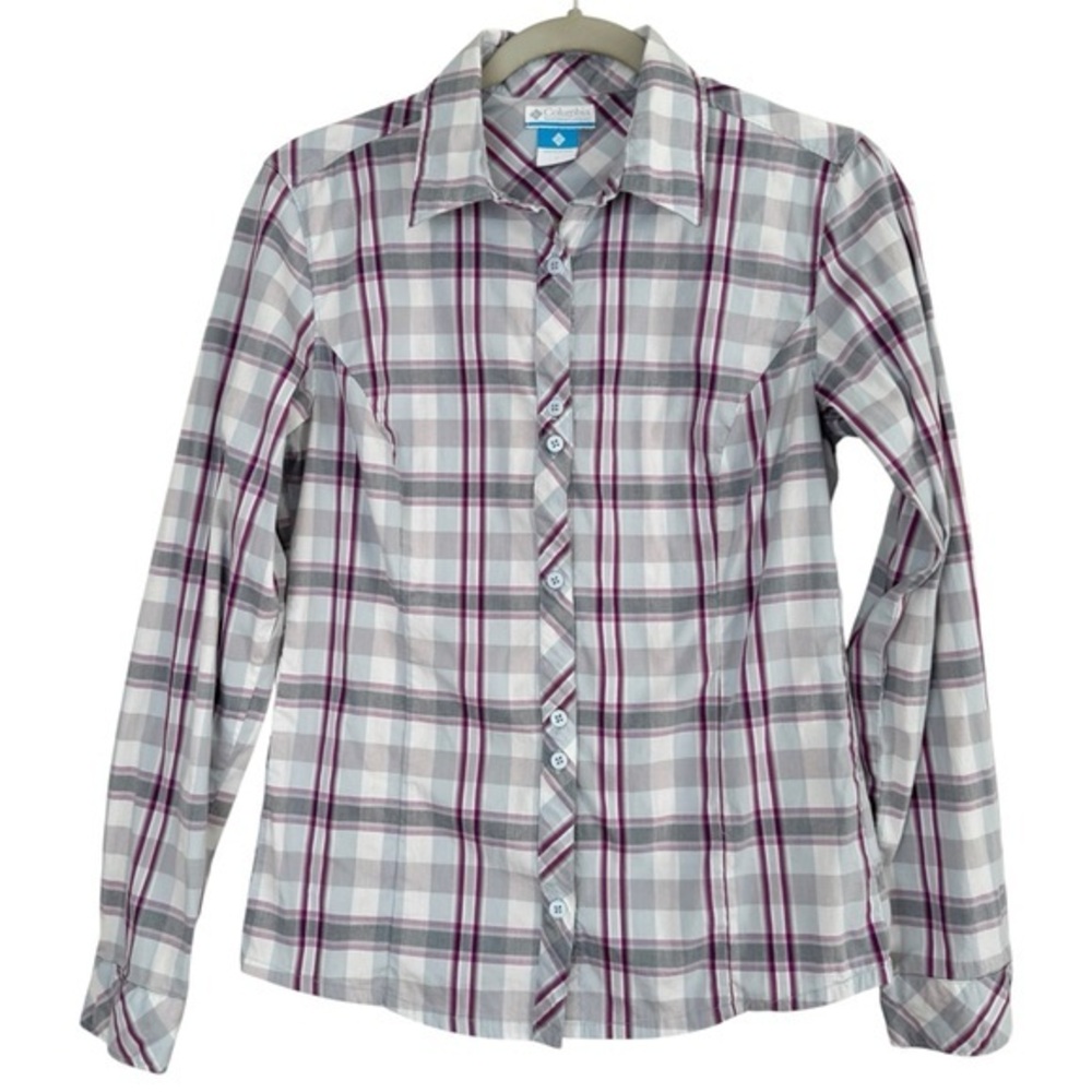 Columbia purple stripe fitted button front long sleeve top S